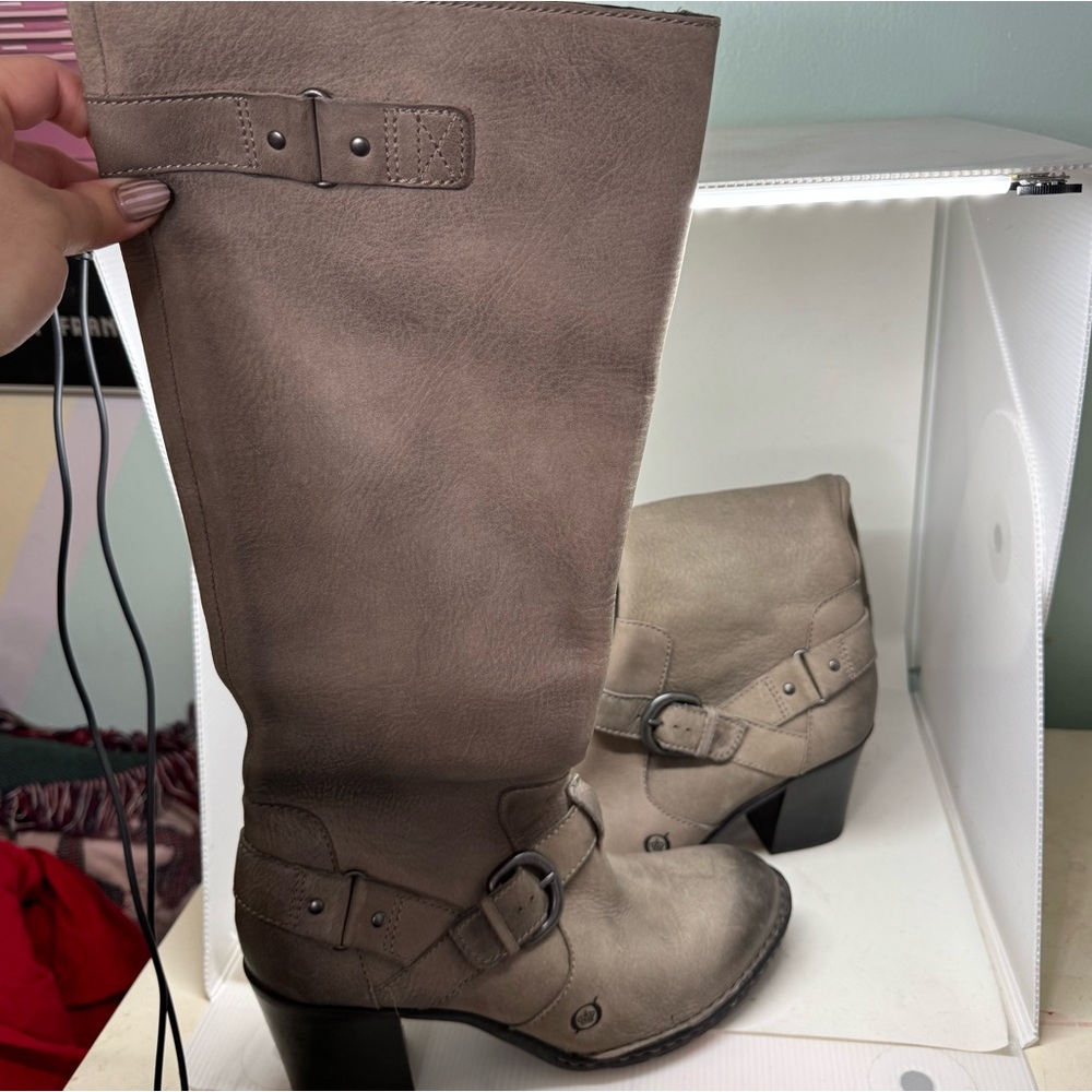 Born Shaylee Taupe Distressed Leather
Buckle Heeled Knee High Boots Women's 9